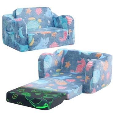 Imagem de MeMoreCool Cadeira infantil dobrável, sofá dobrável de pelúcia macia que brilha no escuro, poltrona confortável para bebês para meninas e meninos (oceano brilhante, azul)