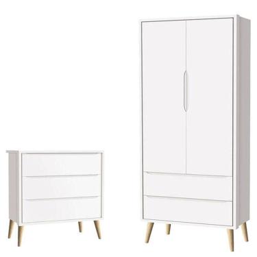 Imagem de Cômoda Gaveteiro Infantil E Guarda Roupa 2 Portas Theo Branco Acetinado Pés Madeira Natural ? Reller