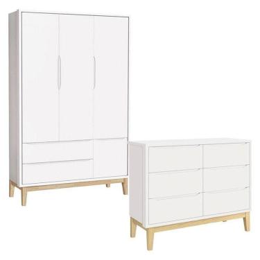 Imagem de Cômoda 6 Gavetas E Guarda Roupa 3 Portas New Classic Branco Com Pés Madeira Natural ? Reller