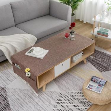 Imagem de Toalha de mesa de café de cor sólida com borlas e bolsos, capa de mesa de chá lavável de algodão e linho, adequada para sala de estar, varanda, pátio marrom 61 x 180 cm