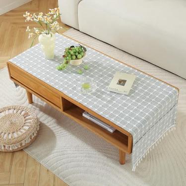 Imagem de Wuluwala Toalha de mesa de café retangular xadrez com borlas e bolsos capa de jacquard bordada contra poeira para sala de estar, cozinha, ambientes internos e externos, 61 cm x 180 cm, cinza