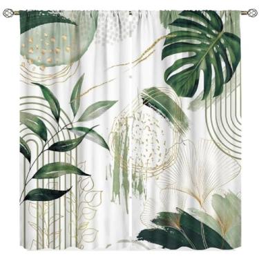 Imagem de Cortinas de folha boho, folhas douradas verdes abstratas de meados do século, palmeira tropical, moderna, minimalista, tratamentos de janela geométrica para quarto, sala de estar, cozinha, café