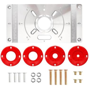 Imagem de Eyech Placa de inserção de mesa de roteador com 4 anéis centrais vermelhos, kit de placa flip para máquina de corte de gravação de liga de alumínio, placa flip de roteador para bancos de marcenaria