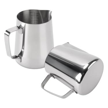 Imagem de SINJEUN Jarro de espumador de leite de 600 ml, copo para espumar leite de aço inoxidável com escala e alça, copo medidor para arte de café com leite, prata (pacote com 2)