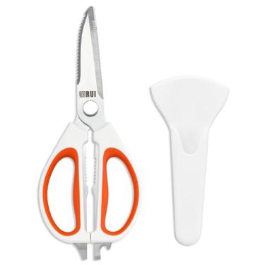 Imagem de Tesoura de cozinha com suporte magnético, tesouras de cozinha resistentes e bainha magnética para geladeira, conjunto de tesouras brancas para alimentos, carne, pizza, ervas, legumes