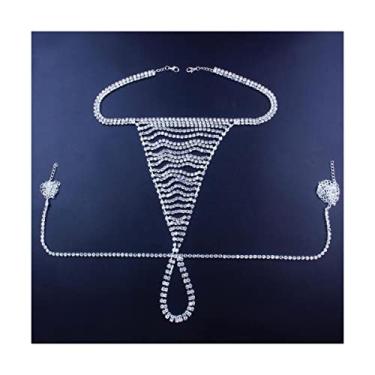 Imagem de OUFEIJIA Corrente com pingente de corrente corporal para mulheres cinto biquíni plus size tanga ajustável sexy strass calcinha dança festa fantasia festa
