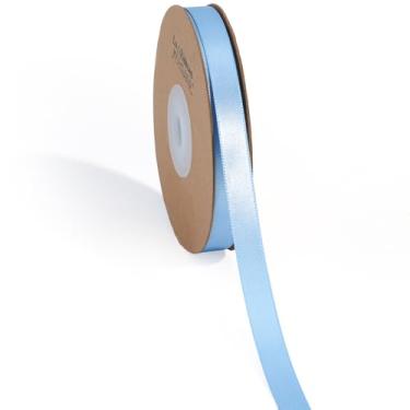Imagem de LaRibbons Fita de cetim azul claro 9,5 mm (3/20.3 cm) 50 metros fina luxo dupla face fita de seda azul celeste para buquê de flores, artesanato, embrulho de presente, casamento, decoração de chá de