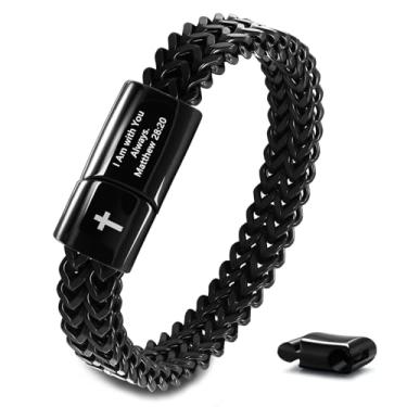 Imagem de FEEL STYLE Pulseira masculina com versículos bíblicos cruzados - Aço inoxidável Cristão Jesus Escritura Pulseiras masculinas pretas - Presentes religiosos para namorado masculino, Medium, Aço