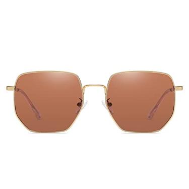 Imagem de LASPOR Óculos de sol polarizados para mulheres e homens, lentes espelhadas de polígono com armação metálica moderna, Marrom, One Size