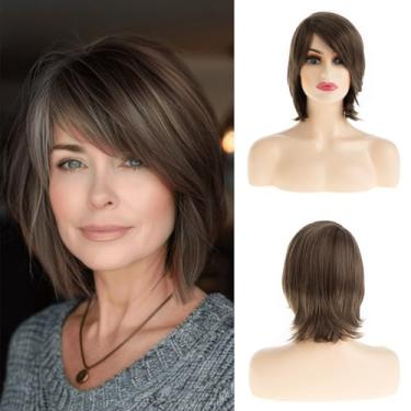 Imagem de Sallcks Peruca sintética reta natural marrom curta com franja cinza marrom para mulheres brancas