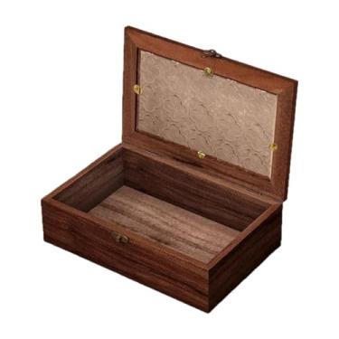 Imagem de Dynwave Caixa de armazenamento de madeira, caixa de lembranças, arte, hobbies, decoração retangular, itens colecionáveis ​​rústicos com tampa de vidro, L