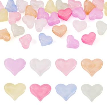 Imagem de FASHEWELRY 40 peças de contas de coração de acrílico que brilham no escuro buraco grande pastel coração fofo contas de plástico doces europeias para fabricação de joias, chaveiro, pulseiras de cordão
