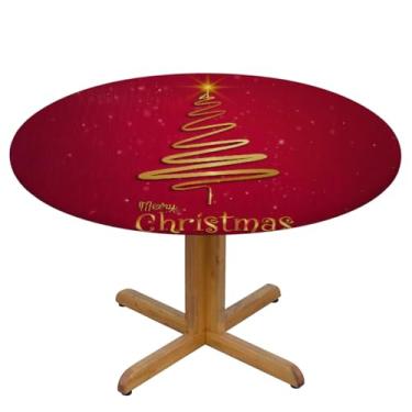 Imagem de GzLeyigou Toalha de mesa redonda com borda elástica, toalha de mesa redonda de árvore dourada 114 a 127 cm para jantar, cozinha, piquenique, decorações de Natal