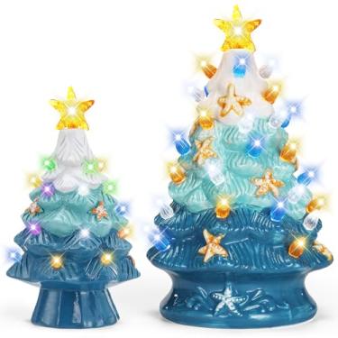 Imagem de Hollowfly 2 peças de árvore de Natal com luzes LED estrela do mar mesa de árvore de Natal decoração de mesa azul oceano natal (24,5 cm/17,3 cm)