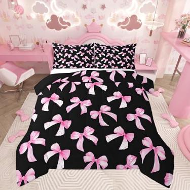 Imagem de Feelyou Conjunto de cama com laço rosa e preto, para crianças, meninos, meninas, tamanho casal, fofo, sonhador, estilo princesa, ultramacio, com laço, edredom para decoração de quarto