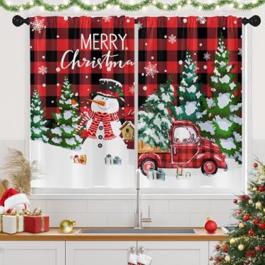 Imagem de Arttown Cortinas de cozinha de Natal, boneco de neve, árvore de Natal, caminhão, búfalo, xadrez, conjunto de 2, cortinas de camada de tratamento de janela para decoração de cozinha sobre a pia da sala
