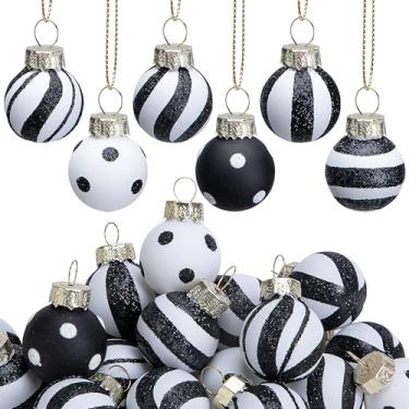 Imagem de Deloky 24 peças de mini enfeites de Natal preto e branco de bolas de vidro, 2,5 cm com glitter listra de Natal, bolas penduradas, bolas de vidro em miniatura preto e branco, decoração de árvore para