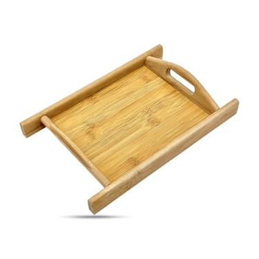 Imagem de Bandeja de servir de bambu natural com alças (pequena) - Travessa decorativa para alimentos, café da manhã, mesa de centro de madeira, otomano, sofá, piquenique da The Display Guys