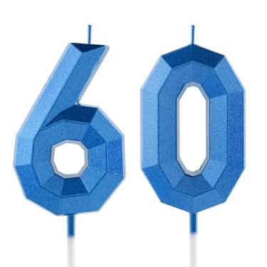 Imagem de Vela de aniversário de 60 anos, número azul, 60 velas, design 3D, enfeite de bolo, decoração de feliz aniversário, para mulheres, homens, casamento, aniversário, celebrações, artigos de festa