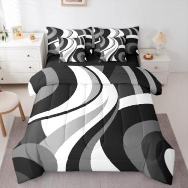 Imagem de Conjunto de edredom cinza e preto e branco, espiral, moderno, listras, abstrato, 7 peças, para minimalistas, boêmio, estética, geométrico, conjunto de colcha