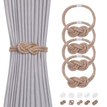 Imagem de NICEEC Pacote com 4 laços de cortina de corda de juta natural, elegante, estilo boêmio, fecho magnético, amarrado, corda macia à mão, retentores para cortinas de casa e escritório (nó de juta-01)