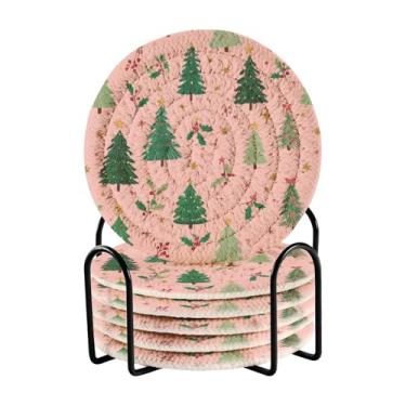 Imagem de Porta-copos de bar de árvores de Natal para bebida conjunto de 6 porta-copos rosa com suporte de metal para mesa de café, mesa de bistrô, decoração de casa, cozinha, férias