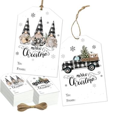 Imagem de Etiquetas de , etiquetas de caminhão pretas e brancas com corda de cânhamo, Feliz Natal, etiquetas de papel penduradas, xadrez búfalo, gnomos de Natal, etiquetas de presente para