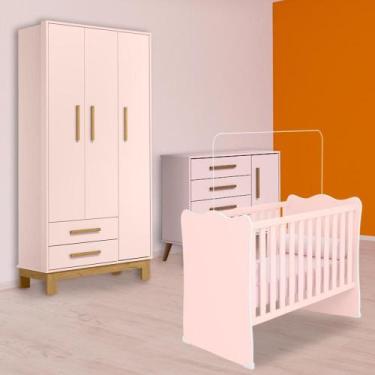 Imagem de Berço, Cômoda Sapateira Retrô e Guarda Roupa Slim Rosa - Qmovi