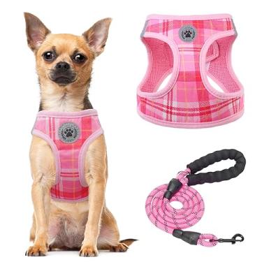 Imagem de BEAUTYZOO Conjunto De Peitoral E Guia Para Cães Pequenos, Malha Macia, Sem Engasgos, Refletivo Filhotes Gatos Médio Porte, Colete Xadrez P, Rosa Claro G