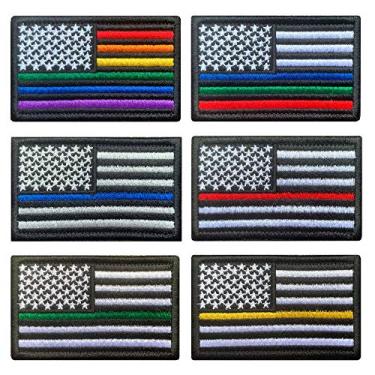 Imagem de 6 peças de remendo americano colorido dos Estados Unidos linha azul fina/vermelho/verde/amarelo arco-íris remendo bordado gancho e laço remendos para bonés, mochila tática, jaquetas, roupas militares