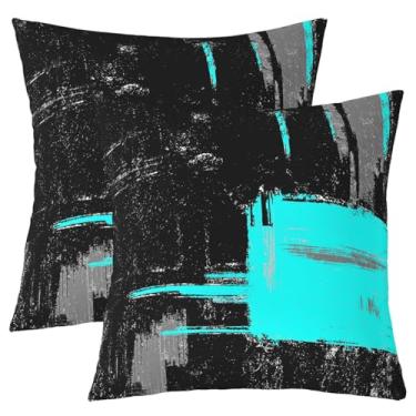 Imagem de Capas de almofada para crianças pretas e azul-petróleo 45,7 x 45,7 cm Conjunto de 2 capas de almofada abstratas para meninos meninas adolescentes decoração de arte moderna listrada fronha geométrica