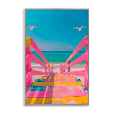 Imagem de Stupell Industries Escadas de praia rosa retrô cinza emoldurado, arte giclée, design por LSR Design Studio, 18 x 12