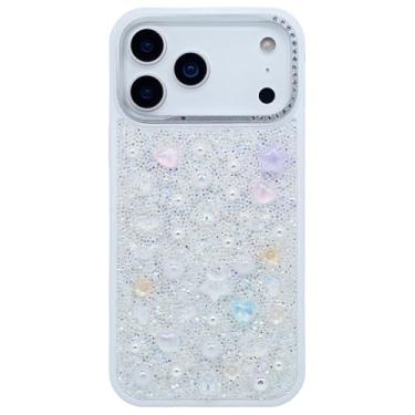 Imagem de DMaos Capa para iPhone 17 Pro para mulheres, capa de diamante brilhante brilhante com pérolas de cristal, super fofa para iPhone17 Pro 6,3 polegadas - branca