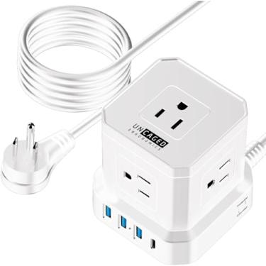 Imagem de Tiras de alimentação cubo com proteção contra surtos, cabo de extensão de 3 m com várias tomadas, 5 tomadas CA + 3 USB + 1 filtro de alimentação de carregamento rápido USB-C com portas