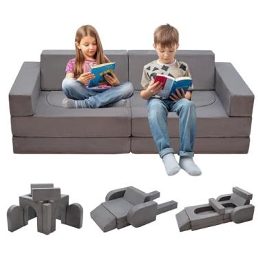 Imagem de Kinevoli 10 peças de sofá modular para crianças, sofá secional para sala de jogos, quarto, espuma conversível e almofada de chão para meninos e meninas, cinza