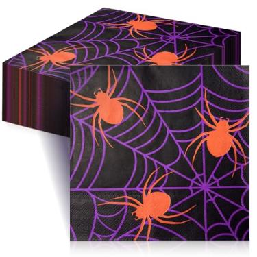 Imagem de Guardanapos de teia de aranha de Halloween, 16,5 cm x 16,5 cm (embalagem com 100) guardanapos de papel descartáveis para festas, coquetéis, teias de aranha e guardanapo com padrão de aranha