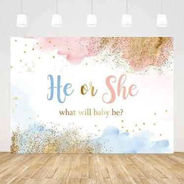 Imagem de AIBIIN Pano de fundo de revelação de gênero de 2,1 x 1,5 m, ele ou ela, o que o bebê será, fundo de fotografia, aquarela, nuvens, pastel, revelação de gênero, decorações de festa, mesa de bolo, banner, artigos para estúdio fotográfico, adereços