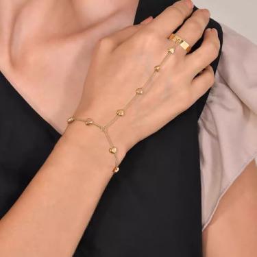 Imagem de Anel de dedo de ouro, corrente de mão, pulseira moderna para mulheres, amor, coração, contas de satélite, joia de mão, moda, anel de dedo escravo, corrente para ela, joia de ouro para praia