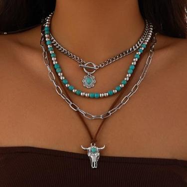 Imagem de Colar Boho Western em camadas para mulheres, joia turquesa, estilo country, concerto, roupa de vaqueira, moda moderna, Medium, Latão, Sem Pedra Preciosa