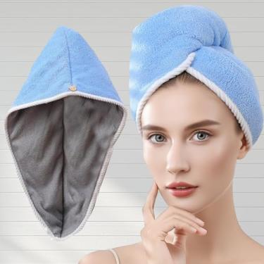 Imagem de Toalha de cabelo Toalha de secagem de cabelo com botão turbante cabeça para secar o cabelo rapidamente (azul-cinza)