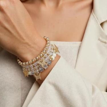 Imagem de Pulseira elástica Boho com contas coloridas empilháveis de contas de cristal modernas bijuterias presentes para mulheres, 4Pcs, Acrílico, Sem Pedra Preciosa