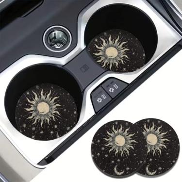Imagem de Pacote com 2 porta-copos de carro de 7 cm com estampa de lua e sol automotivo antiderrapante para copos para bebida serve na maioria dos carros, caminhões, SUVs, Vans