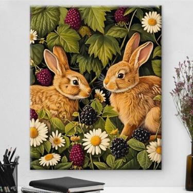 Imagem de Arte de parede botânica vintage emoldurada com dois coelhos marrons - decoração de parede com flores escuras da academia para sala de estar quarto casa 20 x 25 cm