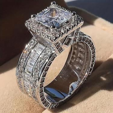 Imagem de Anéis de noivado de cobre banhado a ouro branco com zircônia cúbica quadrada | Aliança de casamento | Anéis de compromisso | Festas noturnas, aniversário e dia dos namorados, alianças de eternidade