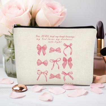 Imagem de Bolsa de maquiagem da Bíblia cristã rosa com laço Coquete, rosa na moda, bolsa de cosméticos preppy presente para mulheres, bolsa de maquiagem com zíper estética feminina, salmos 18:28