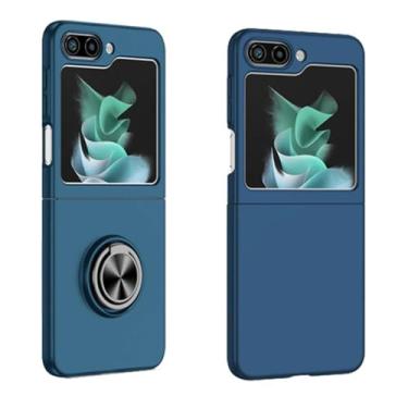 Imagem de Para Samsung Galaxy Z Flip 5 Capa de telefone com suporte de anel de metal fosco para Samsung Galaxy Z Flip 4 3 Capa de proteção de lente dobrável, azul escuro, para Samsung Z Flip 4