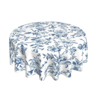 Imagem de Toalha de mesa redonda floral azul 152 cm chinoiserie flor toalha de mesa azul tecido poliéster vintage casa de fazenda redonda floral capa de mesa para festa, jantar, piquenique, cozinha, decoração