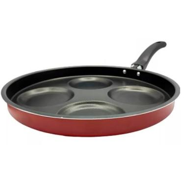 Imagem de Frigideira 4 em 1 Antiaderente com Tampa de Vidro – Divisórias para Ovos, Hambúrgueres e Panquecas, Ideal para Café da Manhã Saudável(Vermelha)