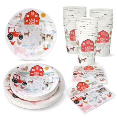 Imagem de FoldTier Conjunto de 100 pratos de festa com tema de animais de fazenda, incluindo 25 pacotes de 25 pratos de papel de fazenda, 25 guardanapos descartáveis e 25 copos de papel, adequado para