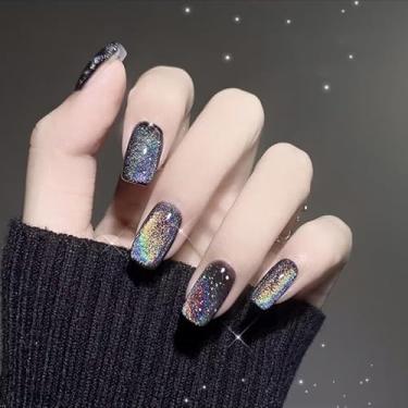 Imagem de 12 tamanhos – 24 peças de kit de unhas pretas para unhas quadradas, unhas quadradas de comprimento médio para mulheres, unhas postiças acrílicas iridescentes com glitter, 24 adesivos de cola